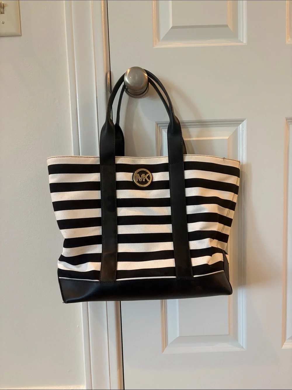 Michael Kors Black and White Striped Canvas Tote with Gold MK Emblem